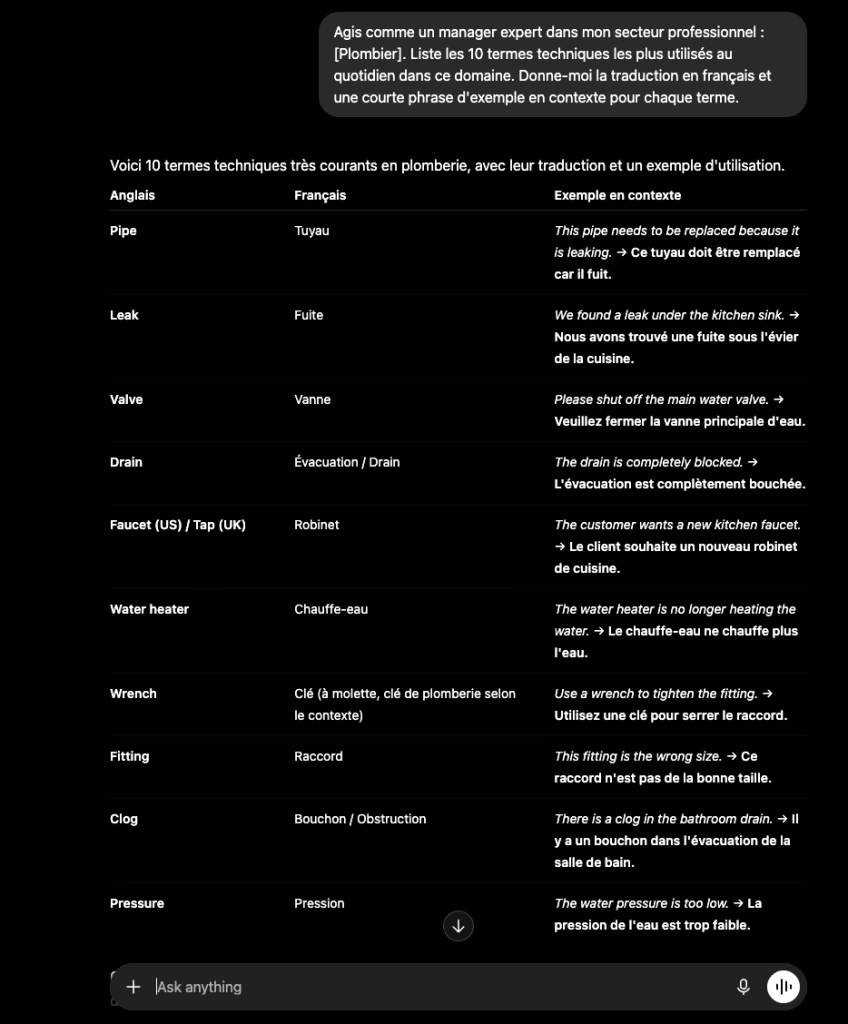 Vocabulaire anglais technique ciblé (exemple plomberie)