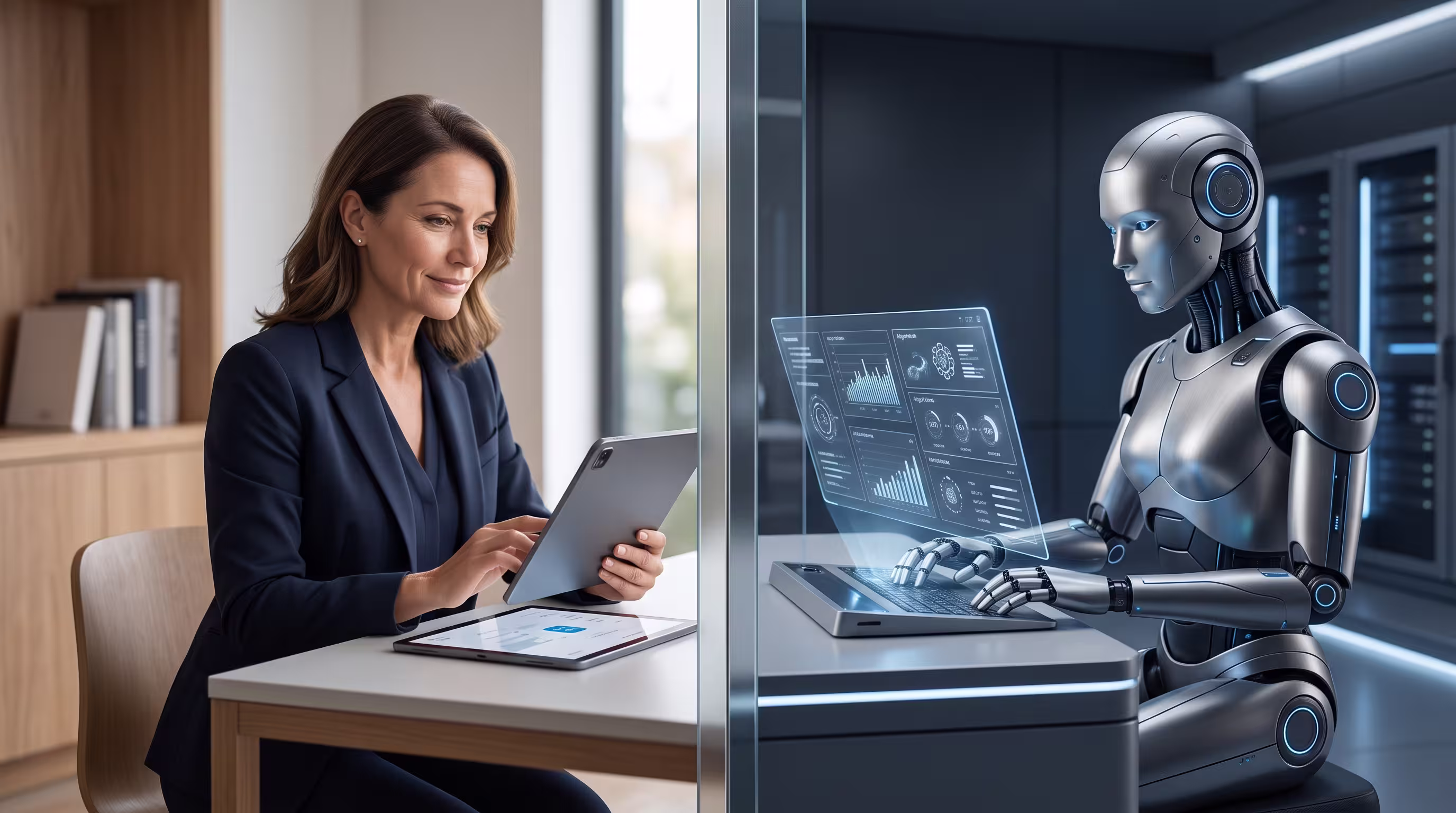 Femme sur tablette face à un robot humanoïde sur ordinateur, illustrant le comparatif entre l'IA vocale Loora et les cours particuliers Preply pour apprendre l'anglais.
